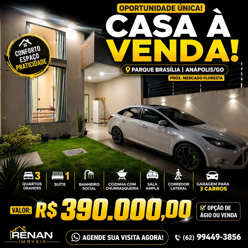 CASA À VENDA – PARQUE BRASÍLIA | ANÁPOLIS/GO?? Próximo ao Mercado FlorestaSe voc...