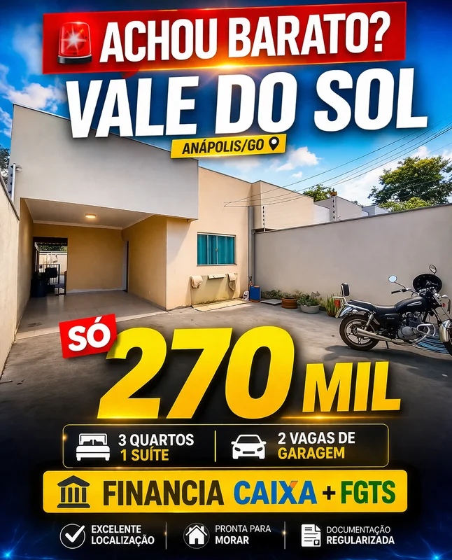 ?? CASA À VENDA – VALE DO SOL | ANÁPOLIS/GO?? R$ 270.000,00?? FINANCIA PELA CAIX...