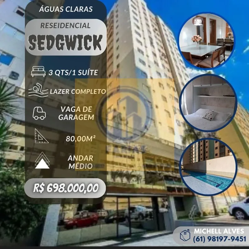 Belíssimo apartamento no Residencial Sedgwick (Águas Claras Sul).- 3 Quartos, se...