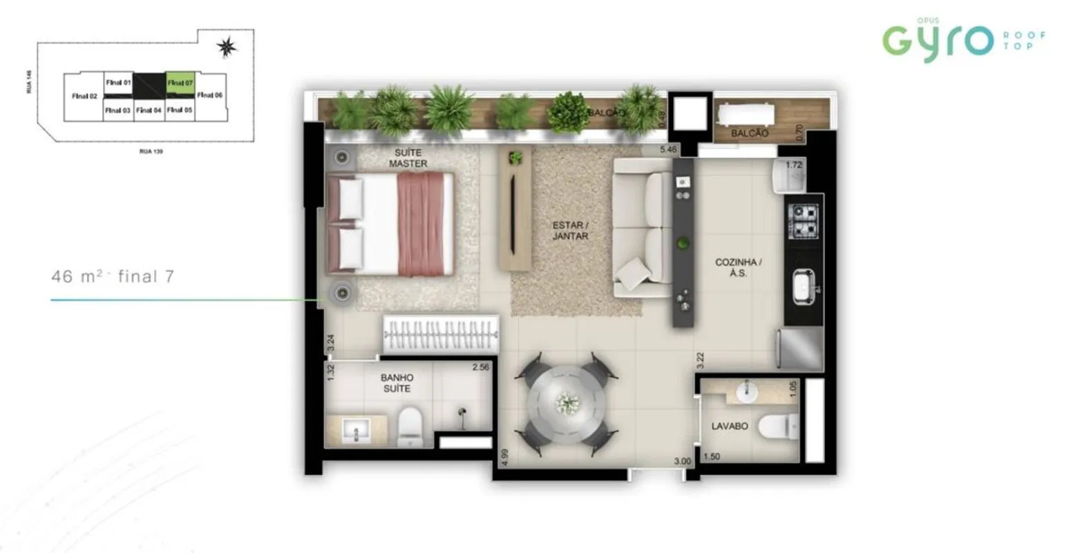 1 SUÍTE + LAVABO; Sala em 2 Ambientes; Cozinha Americana; Área de serviço Integr...