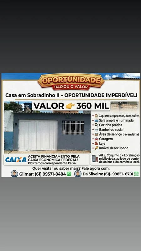 ( VENDE-SE ) VALOR 360 MILCASA EM SOBRADINHO II – OPORTUNIDADE IMPERDÍVEL! AR 9,...