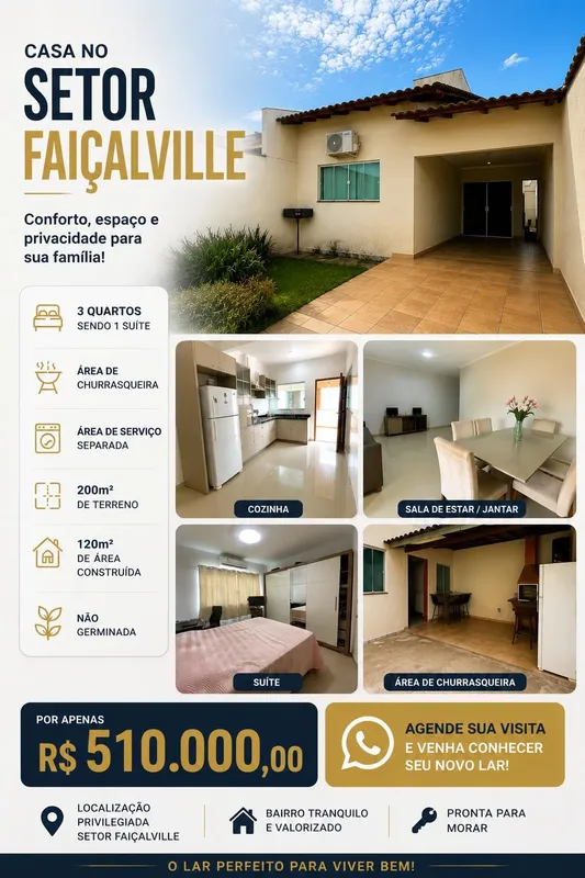 CASA À VENDA SETOR FAIÇALVILLE 3 quartos sendo 1 suíteBanheiro socialÁrea de chu...