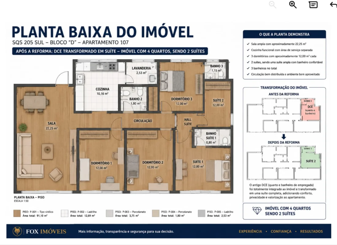 Viva o melhor da Asa Sul | 115m² | 4 Quartos | Reformado | SQS 205 SulMorar na 2...