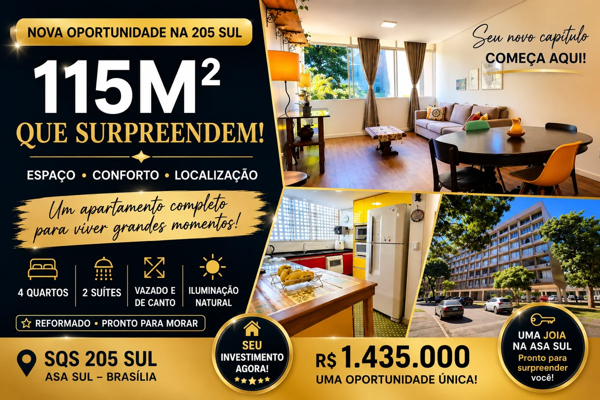 115 m² | 4 Quartos | 2 Suítes | Apartamento Vazado e Reformado | SQS 205 SulExis...