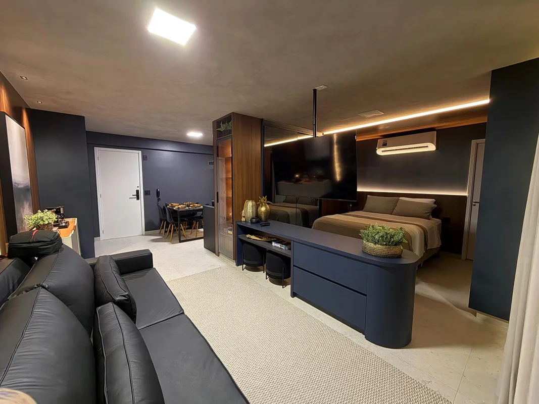 •47m² 1 quarto•Andar alto•Totalmente mobiliado e decorado•Acabamento de alto pad...