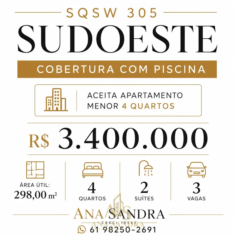 Cobertura à venda – SQSW 305, Sudoeste, BrasíliaO imóvel ainda aceita apartament...