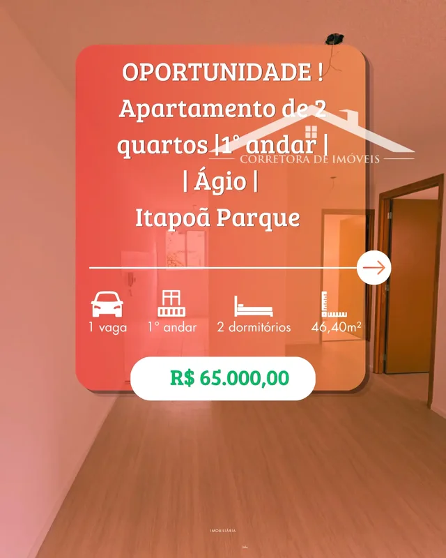 OPORTUNIDADE ÁGIO Apartamento de 2 quartos no 1° andar por R$65 mil• Andar 1° an...
