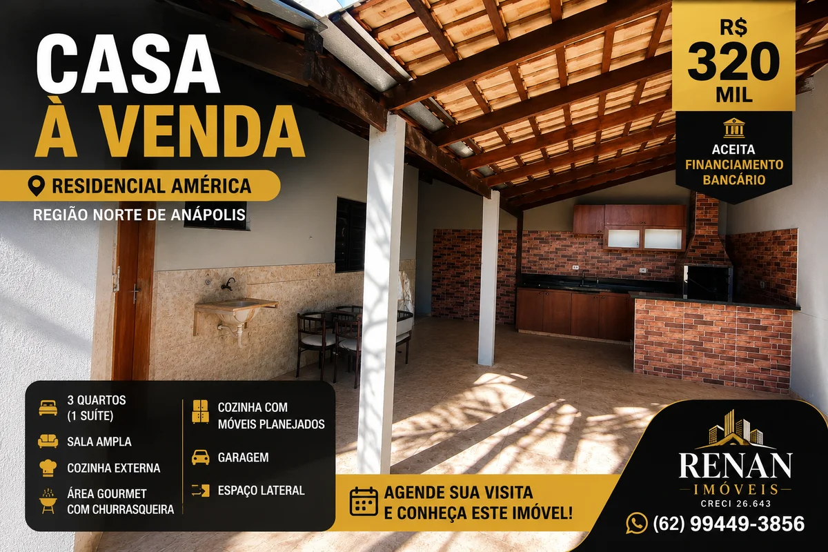 CASA À VENDA | RESIDENCIAL AMÉRICA - REGIÃO NORTE DE ANÁPOLIS? R$ 330.000,00? Ac...