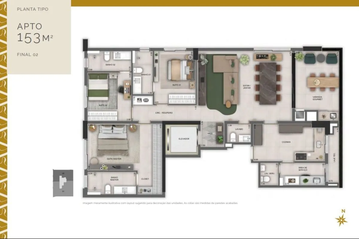 APARTAMENTO 3 SUÍTES LAVABO153 M²3 VAGAS DE GARAGEMELEVADOR PRIVATIVOVARANDA GOU...