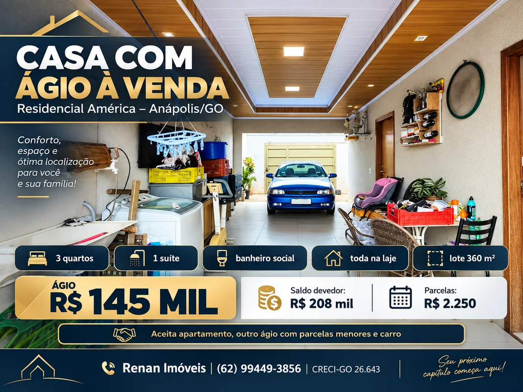 ?? **CASA COM ÁGIO À VENDA | RESIDENCIAL AMÉRICA – ANÁPOLIS/GO**Excelente oportu...