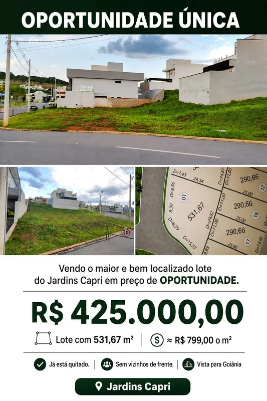 OPORTUNIDADE ÚNICA NO JARDINS CAPRI O MAIOR lote do condomínio está à venda por ...