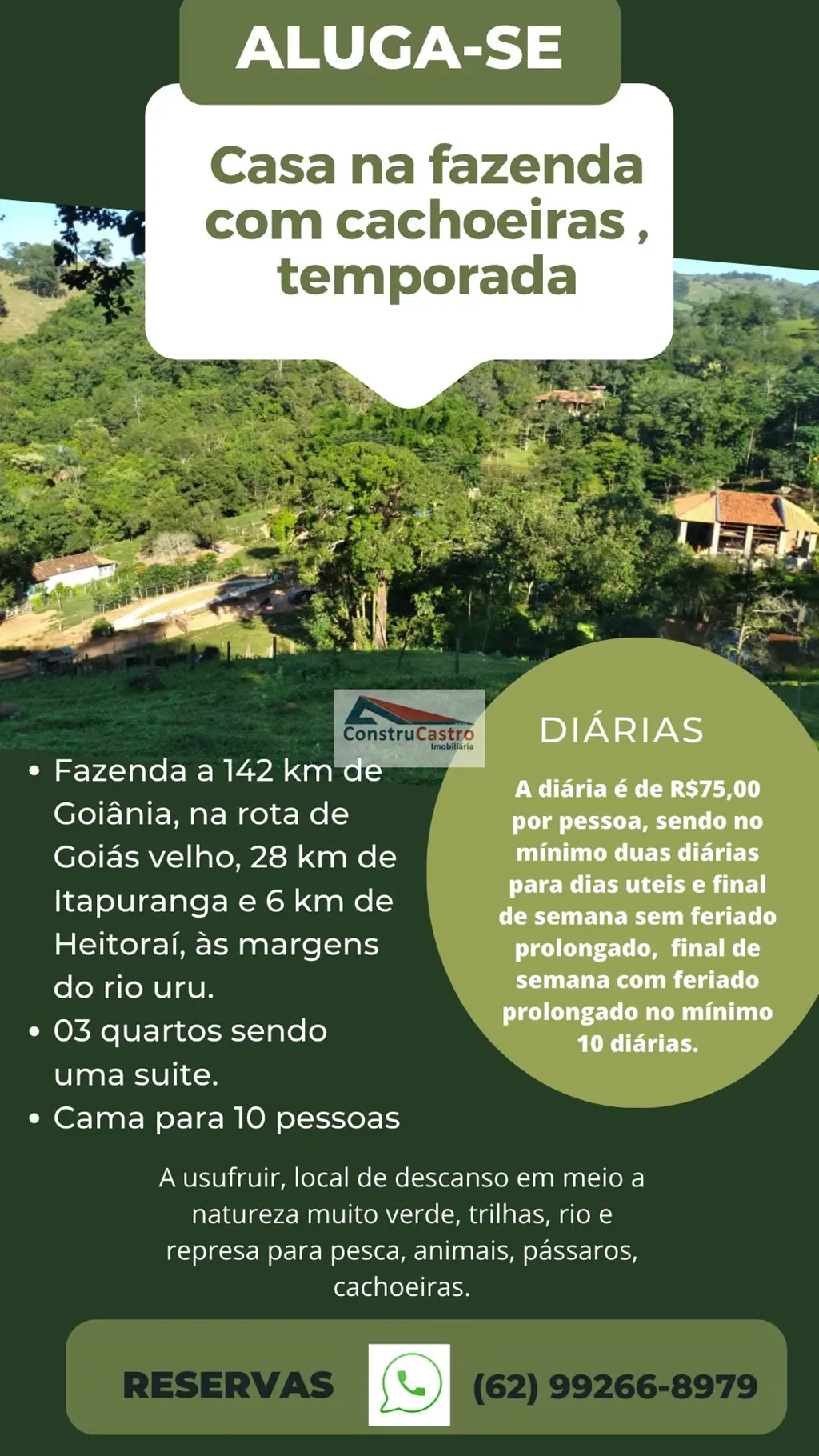  FAZENDA CACHOEIRAS DA SERRAVALOR DA DIARIA: A diária é de R$75,00 por pessoa, s...